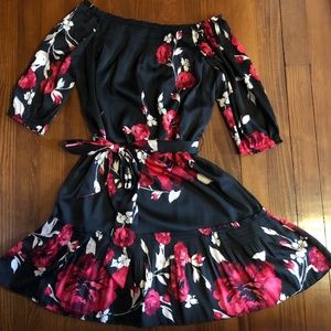 White House Black Market Satin Black w/ Rose Dress
